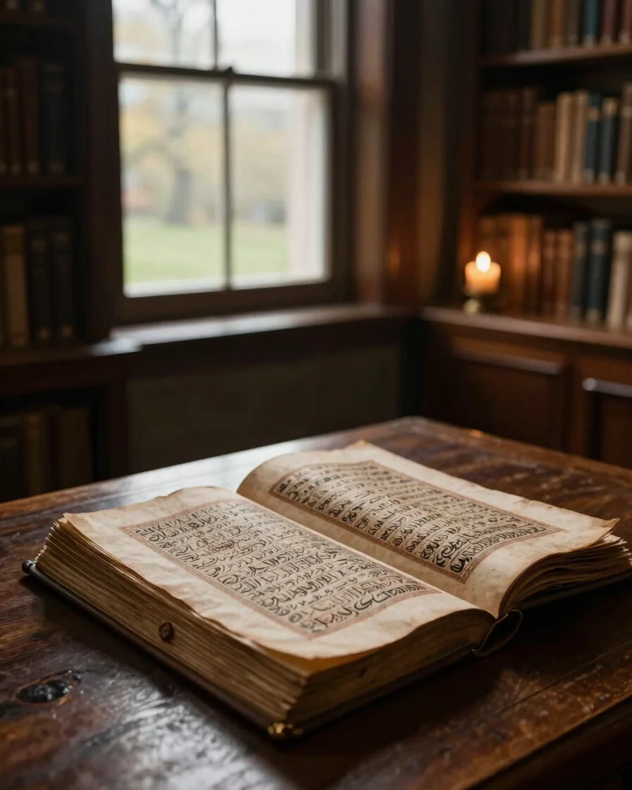 Warm atmospheric editorial photography, soft golden daylight, ancient sacred manuscript with intricate calligraphy, rest