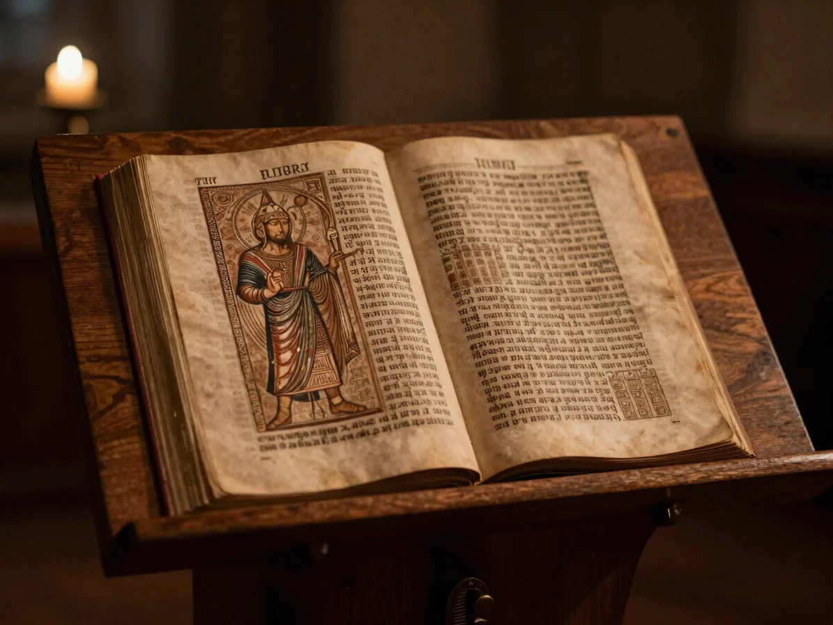 Ancient sacred manuscript on a wooden lectern, illuminated by soft candlelight, warm atmospheric editorial photography,