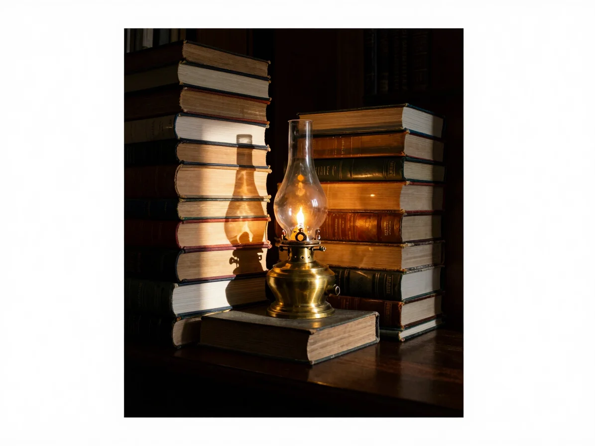 Quiet library nook with old books and a brass oil lamp, warm indirect daylight, rich natural shadow contrast, 35mm photo